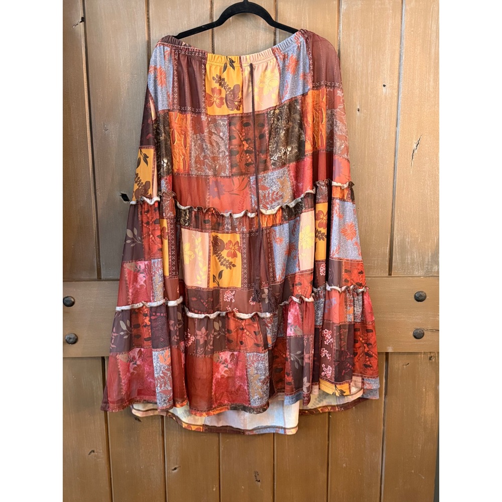 Romwe Patchwork Floral Mesh Maxi Skirt 2XL Boho Tiered Ruffle Earth Tones Lined